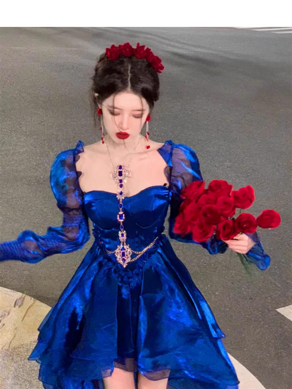 Sexy French High Low Sweetheart Christmas Dress Royal Blue Birthday Dresses Birthday Outfits