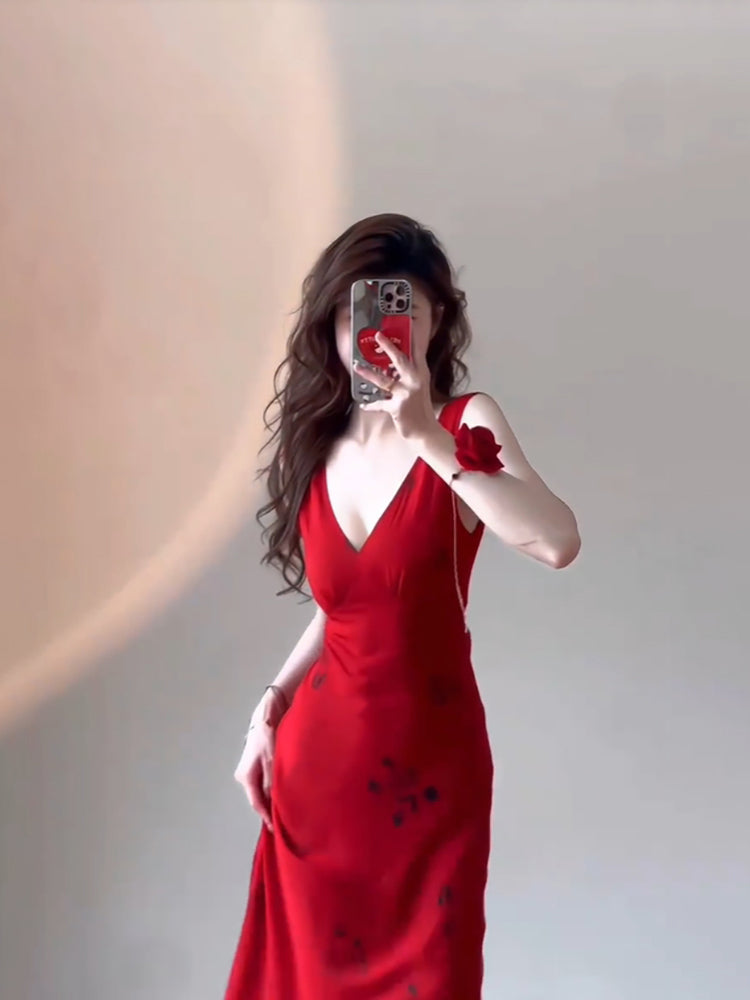 Sexy Mermaid V Neckline Christmas Dress Red Satin Prom Dresses Birthday Outfits