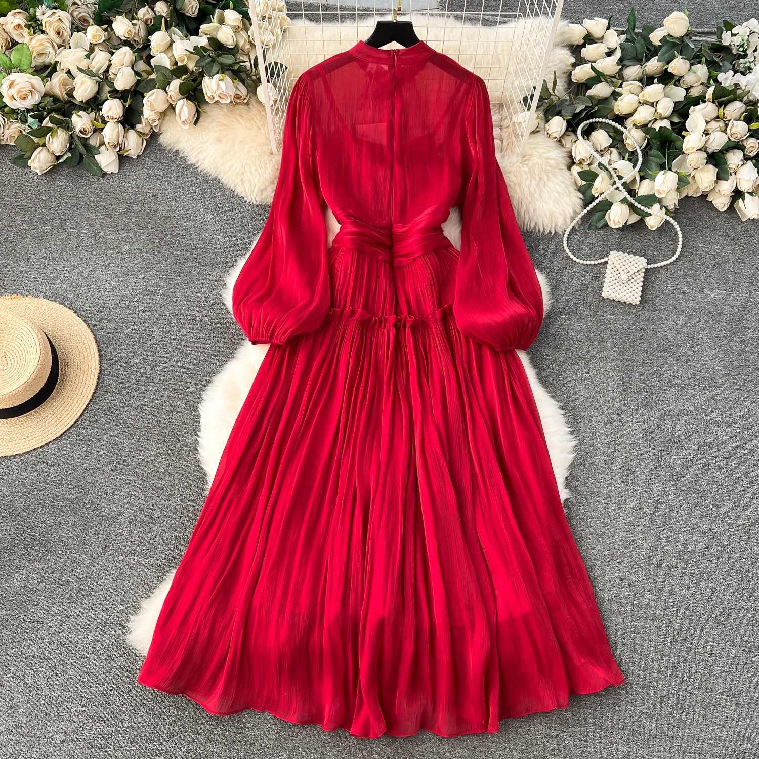 Vintage A line Scoop Long Sleeves Red Holiday Dresses Women's Dress
