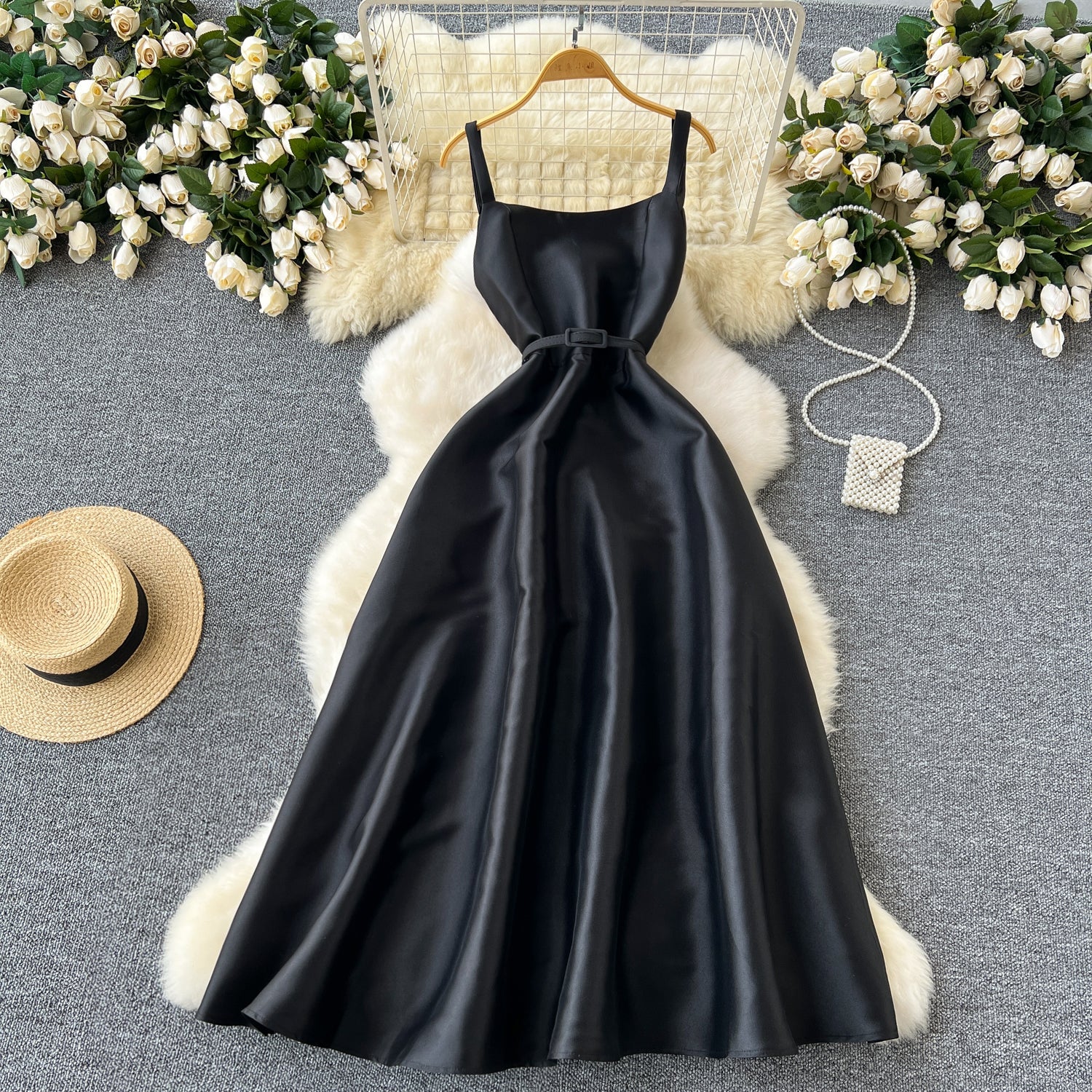Simple A line Straps Black Satin Holiday Dresses Midi Length Women's Dress