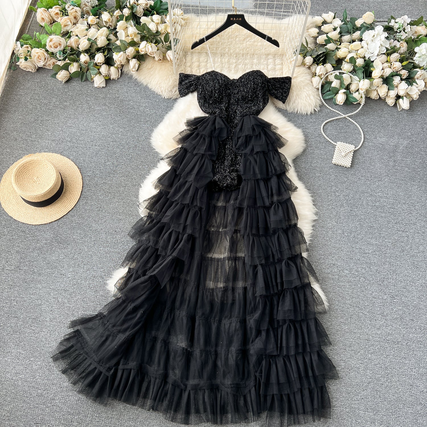 Chic A line Off The Shoulder Tulle Short Sleeves Black Tulle Holiday Dresses Ruffles Women Dress