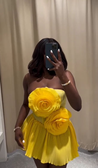 Unique Yellow Strapless Satin Flowers A Line Short Party Dress Formal Homecoming Dress