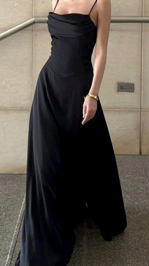 Fashion Spaghetti Straps Black Satin A Line Long Wedding Guest Dress Birthday Party Dress
