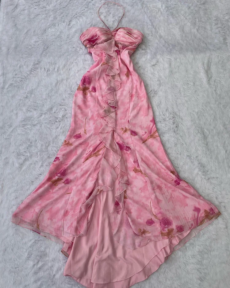 Elegant Halter Chiffon Print Ruffle Mermaid Evening Dress,Pink Prom Dress