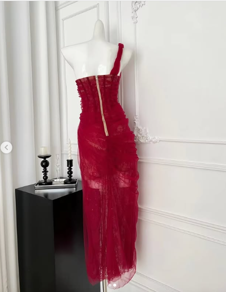 Pretty Burgundy Lace Tulle Prom Dress,One Shoulder Party Evening Dress