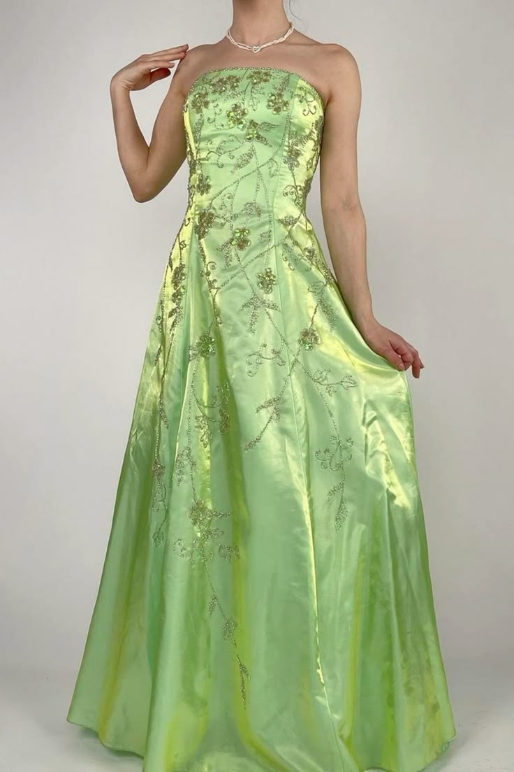 Sexy Strapless Green Satin Beaded A Line Party Evening Dress
