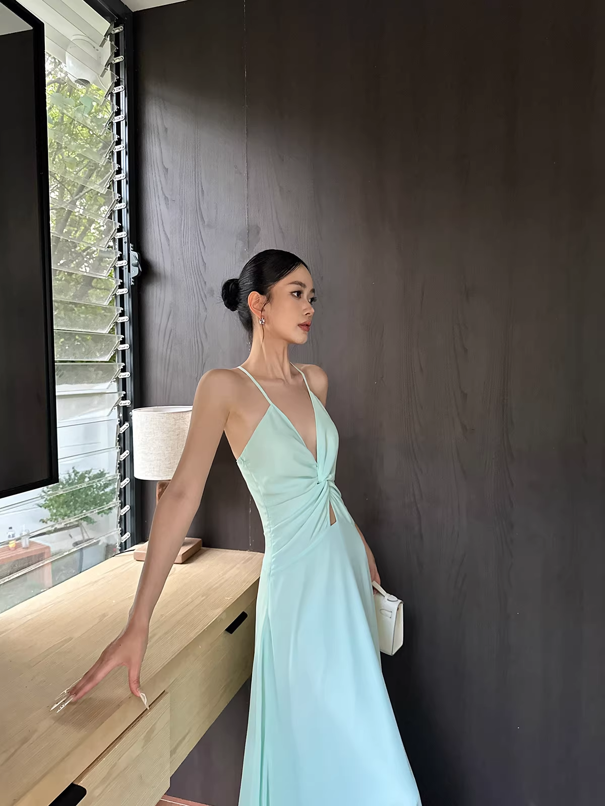 Simple Spaghetti Straps V Neck Green Chiffon A Line Long Party Dress Evening Dress