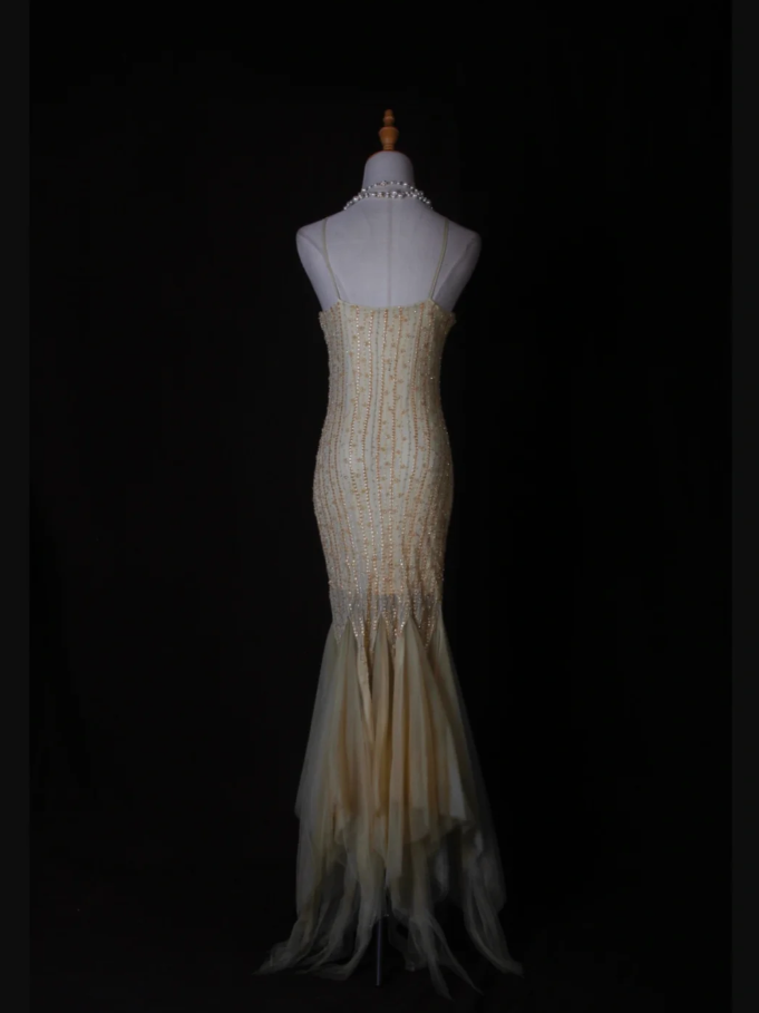 Classy Yellow Spaghetti Straps Chiffon Beaded Mermaid Long Party Dress Formal Birthday Evening Dress