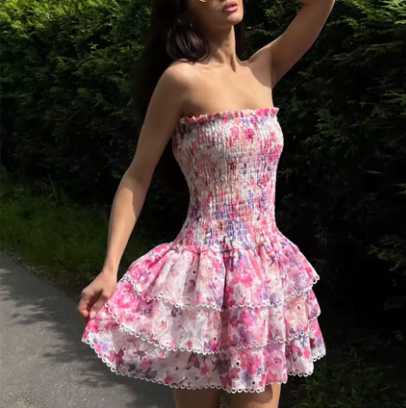 Pretty Pink Print Floral Layered A Line Mini Prom Dress Strapless Graduation Homecoming Dress