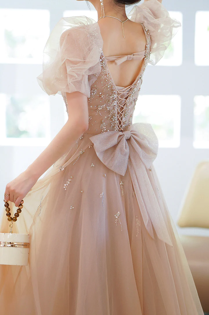 Cute tulle beads long prom dress A line evening gown