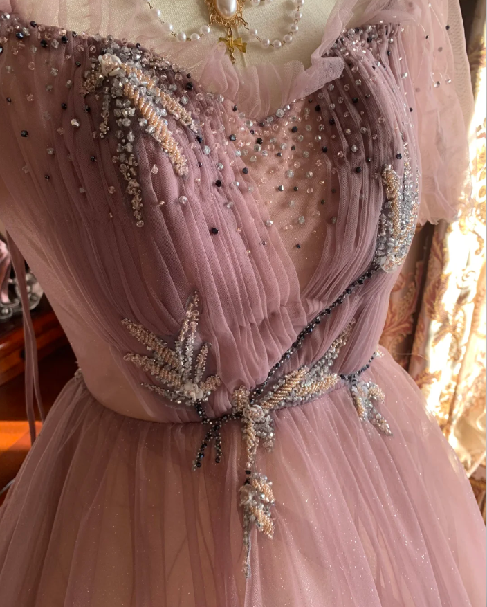 Sweet Tulle Sequin Beaded Ball Gown Pink Long Evening Dress Birthday Party Dress