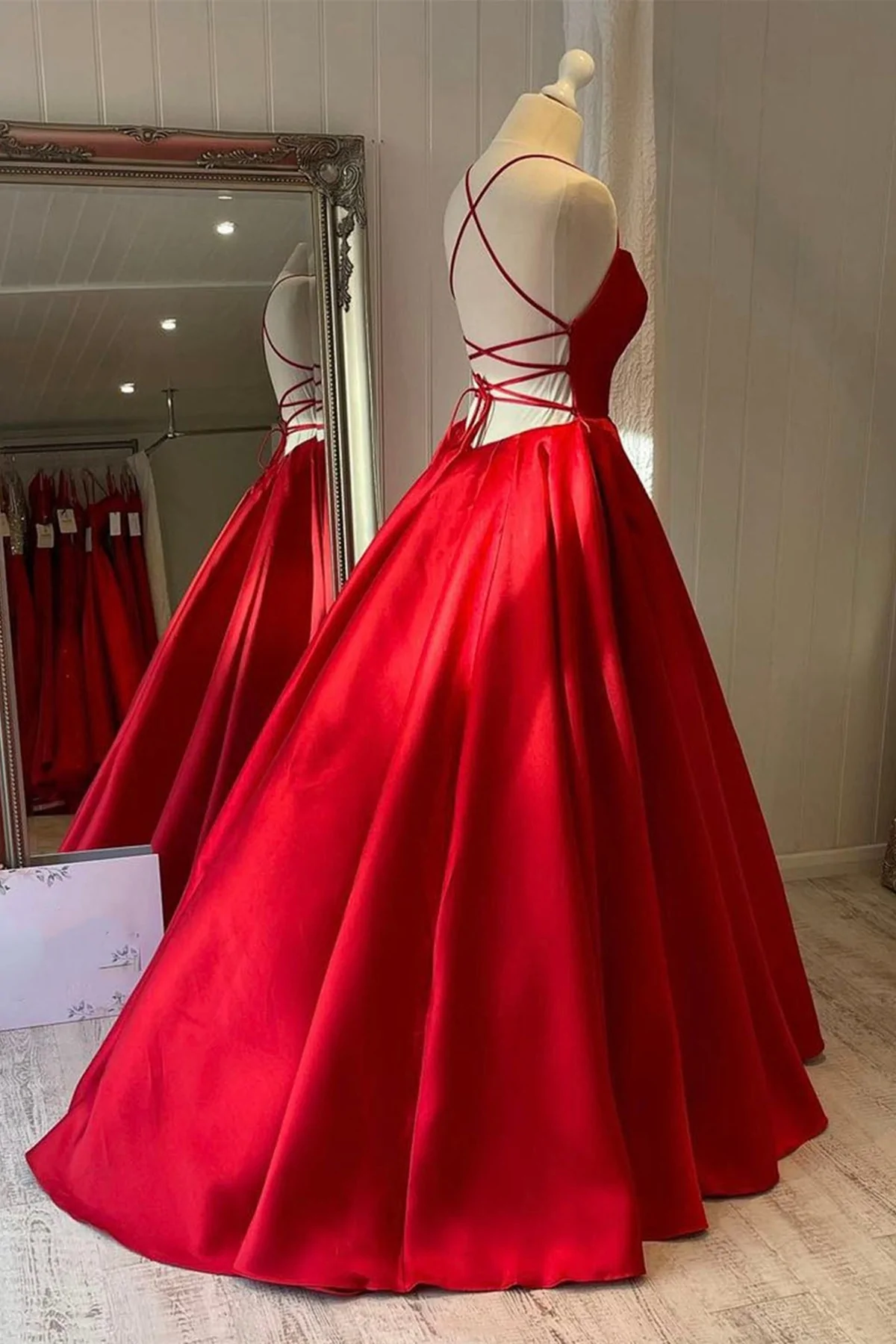 Simple Backless Red Satin Long Prom Dresses, Long Red Formal Graduation Evening Dresses