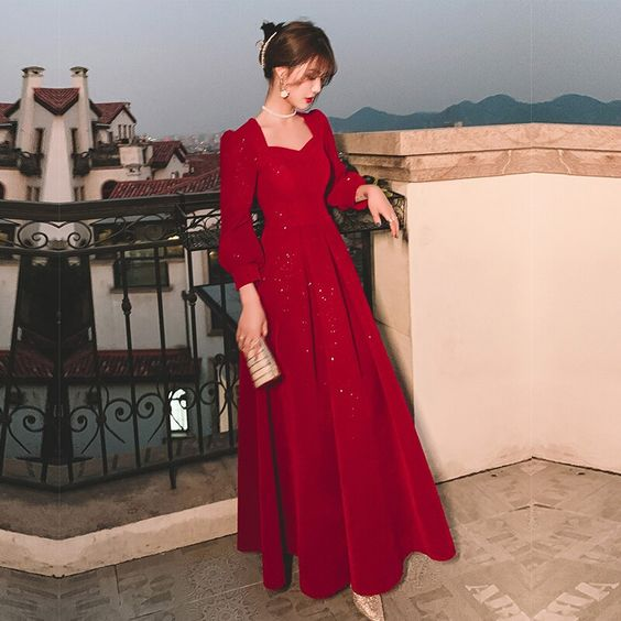 Red Glitter Modest Prom Dress Muslim Formal Evening