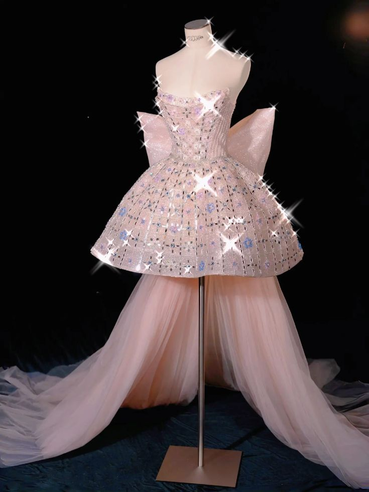 Glitter Strapless Tulle Beaded Mini Birthday Dress Pink Homecoming Dress With Bow