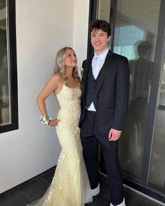 Elegant Yellow Backless Lace Prom Dress Mermaid Party Evening Gown