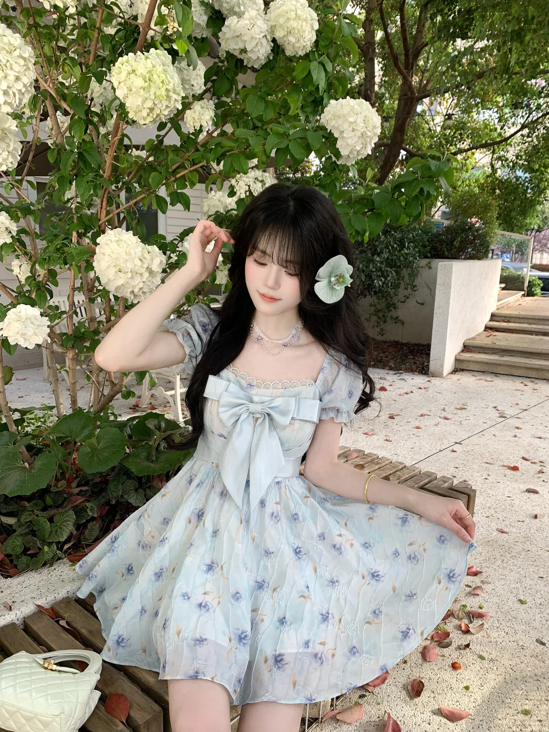 Cute Blue Chiffon Printed Floral A Line Short Prom Dress Formal Graduation Homecoming Dress