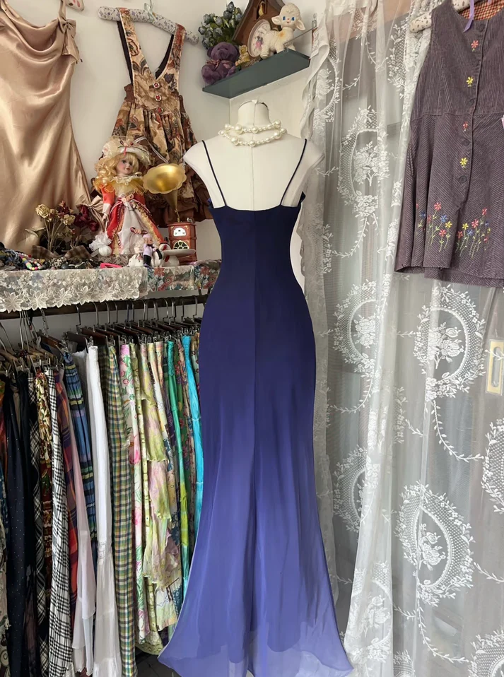 Charming Ombre Navy Blue Chiffon Long Mermaid Prom Dress Evening Dress