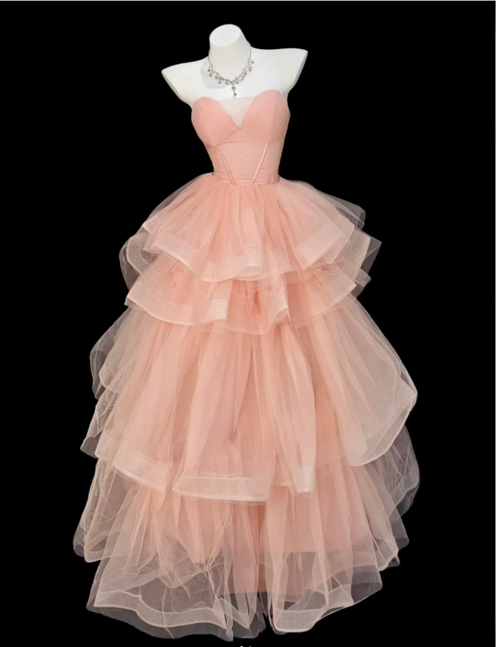 Elegant Strapless Pink Tulle Pleated Layered Long Party Dress Princess Birthday Dress