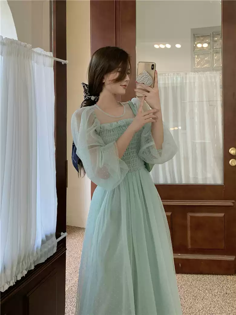Light green skirt hollow French super fairy puff sleeve polka dot mesh dress sexy party dress