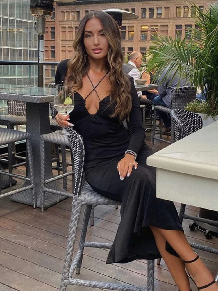 Long Sleeve Halter Maxi Dress For Women Elegant Outfits Club Party Sexy Backless Prom Dresses