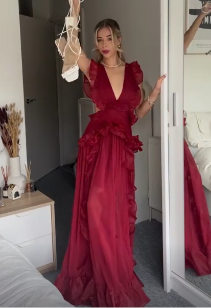 Sexy Burgundy Deep V Neck Chiffon Ruffles Slit Party Dress Long Prom Evening Dress