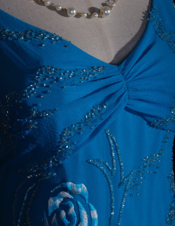 Pretty Blue Spaghetti Straps Embroidery Floral Chiffon Beaded Mermaid Long Prom Dress Party Gowns