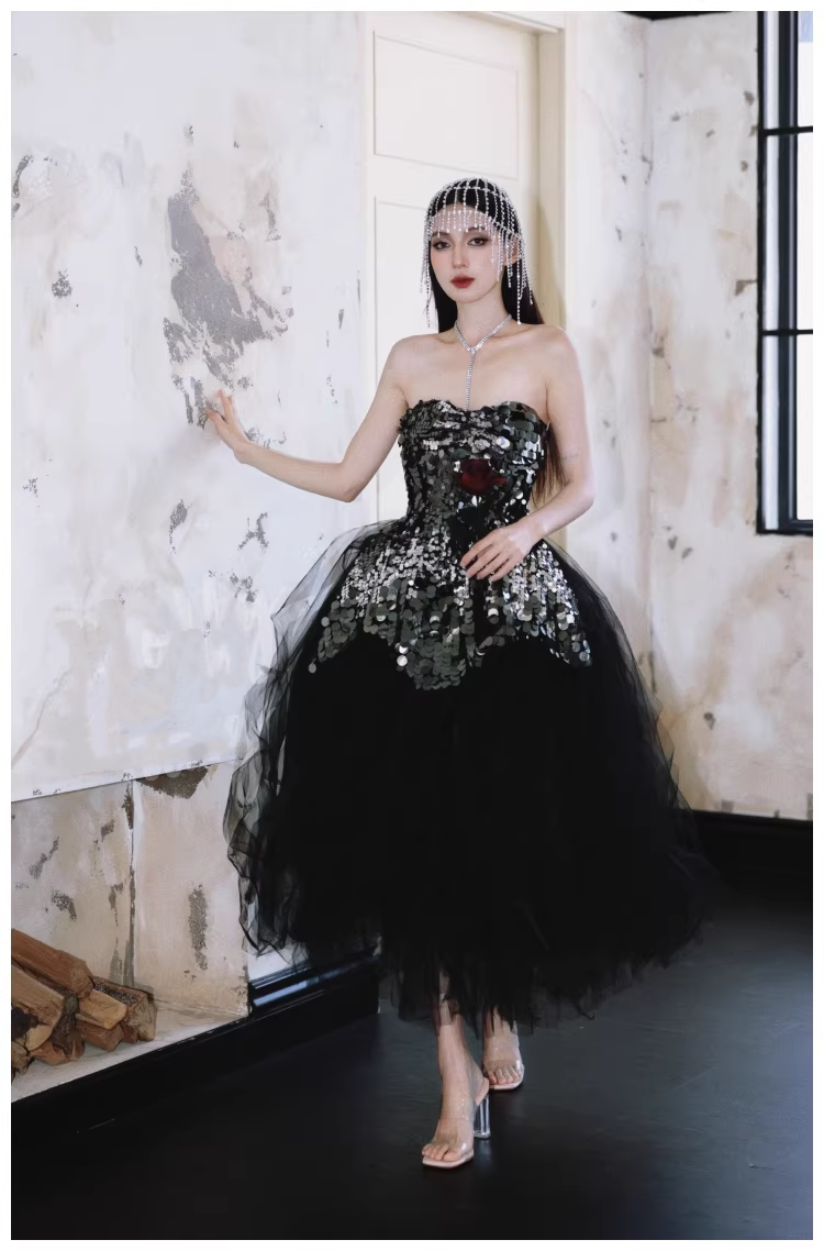 Gorgeous Strapless Black Tulle Sequin A Line Long Evening Dress Birthday Dress