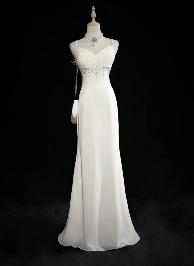 Classy Spaghetti Strap White Tulle Satin Beaded Mermaid Evening Dress Long Wedding Guest Dress