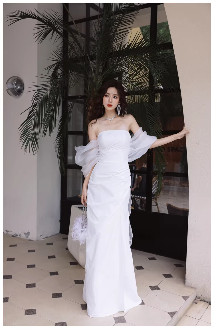 Classy Off The Shoulder White Satin Slit Mermaid Long Party Dress Birthday Evening Dress