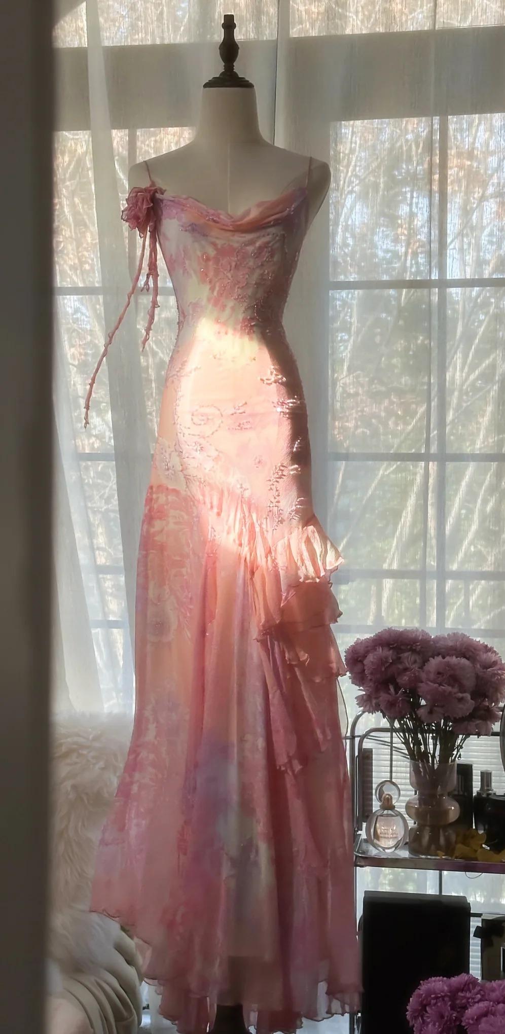 Classy Pink Spaghetti Straps Chiffon Beaded evening Dress Long Mermaid Birthday Party Dress