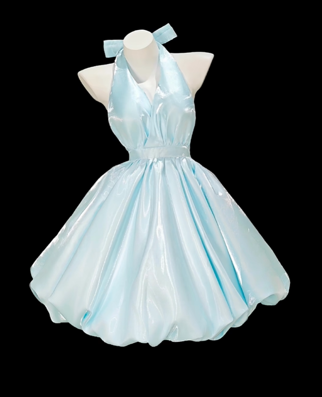 Sweet Halter V Neck Blue Satin A Line Short Homecoming Dress 17th Birthday Outfits