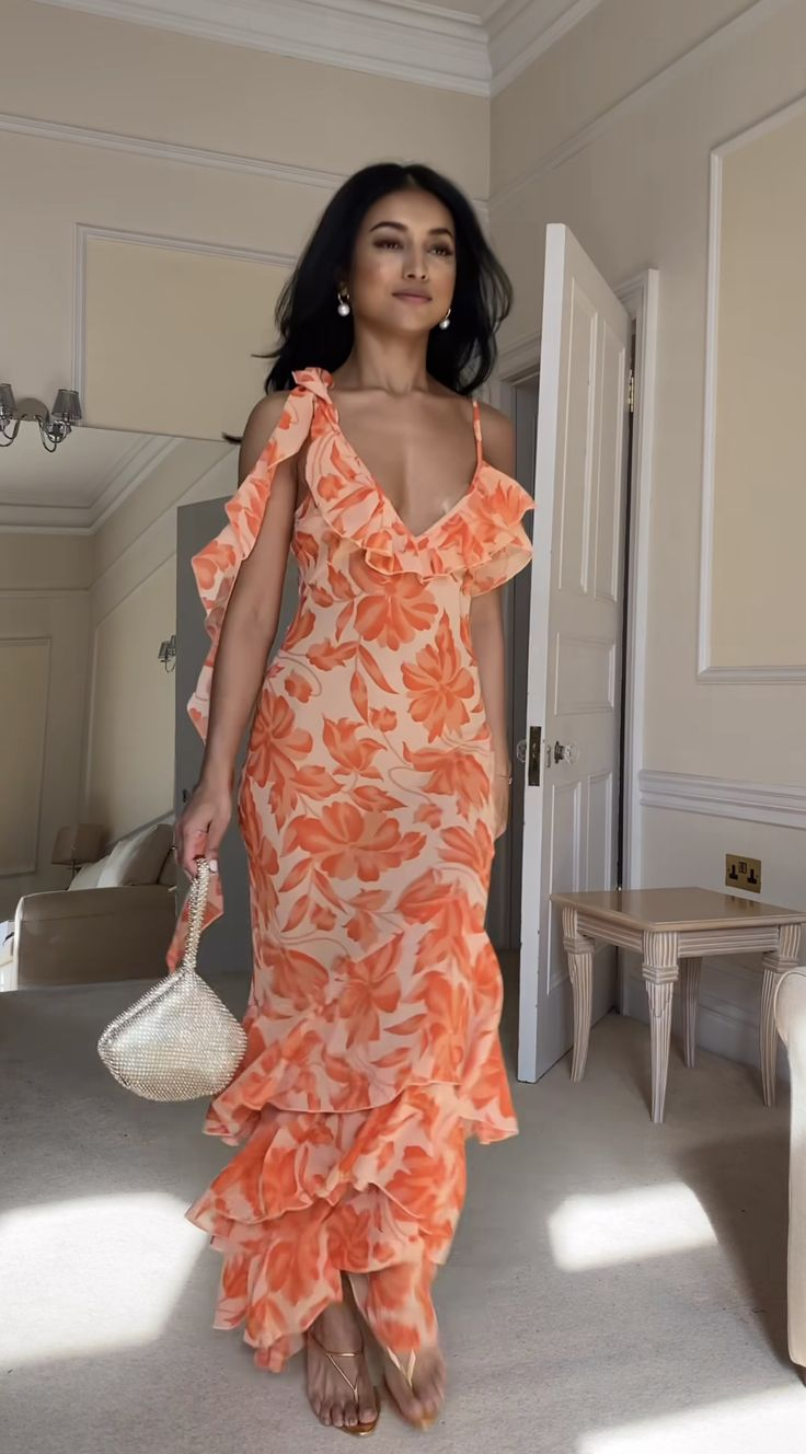 Charming Orange Chiffon Print Floral Evening Gown V Neck Ruffles Party Prom Dress