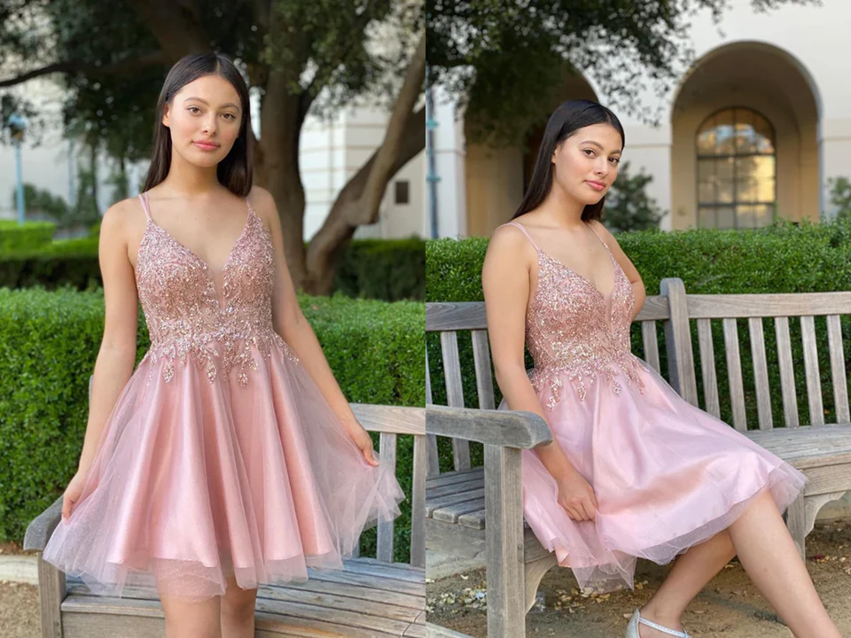 Pretty A Line Pink Beading Homecoming Dress, Short Spaghetti Straps Prom Dress,Formal Dresses
