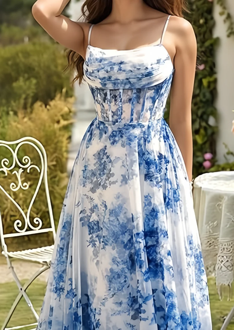 Elegant Spaghetti Strap Blue Chiffon Print Floral Prom Dress ,Formal Slit A Line Evening Dress
