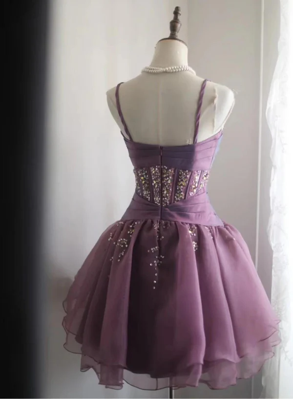 Vintage Purple Spaghetti Straps Purple Tulle Rhinestones Short Homecoming Dress A Line Cocktail Dress
