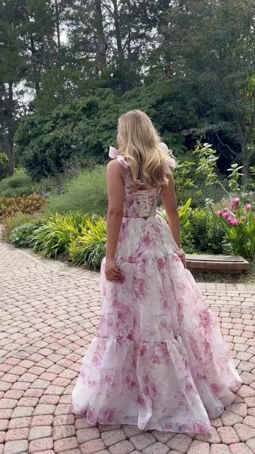 Classy Rose Print Floral Chiffon A Line Prom Evening Dress,Long Party Gown