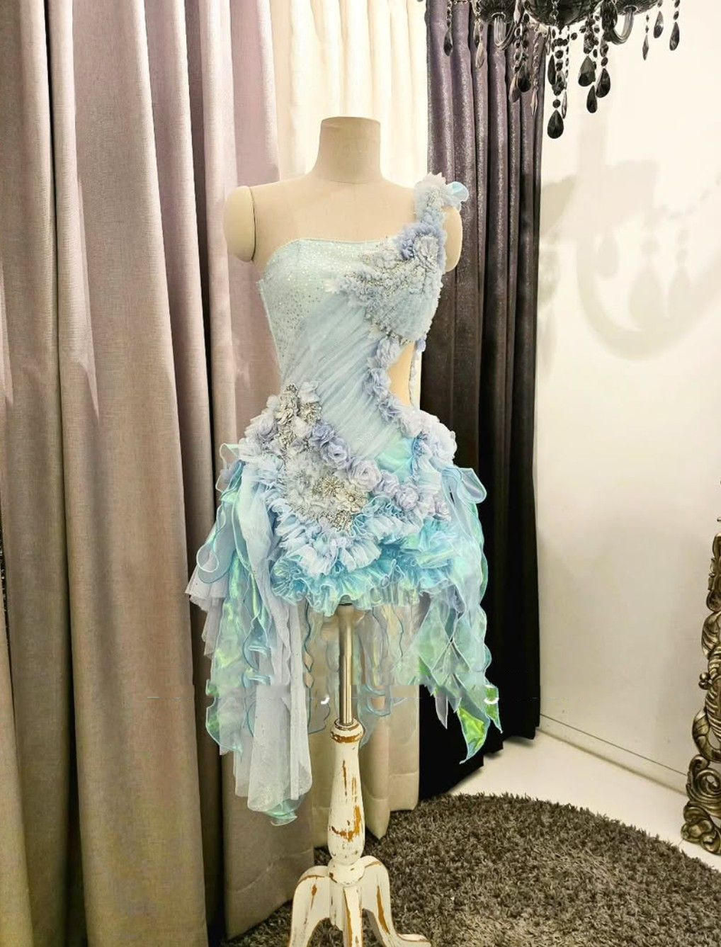 Elegant Blue One Shoulder Tulle Flowers Short Prom Dress Formal 8th Grade Homecoming Dress