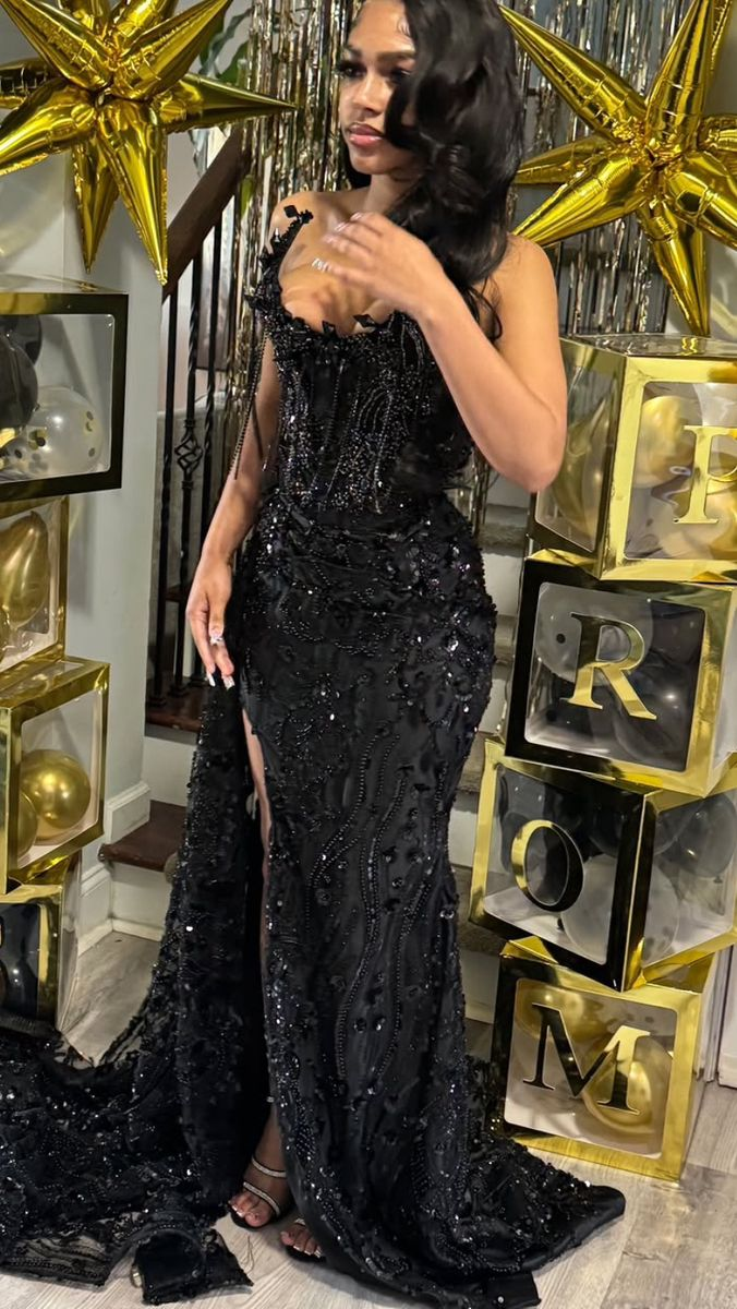 Gorgeous Black Lace Beaded Mermaid Slit Evening Dress Prom Gown