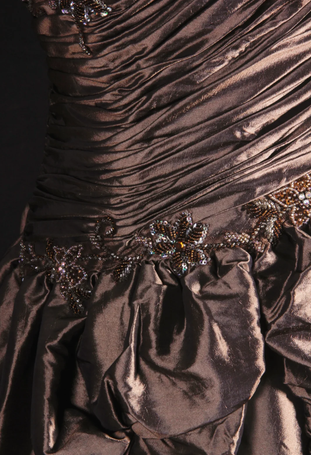 Retro Spaghetti Straps Brown Satin Pleated Beaded Long Party Dress Birthday Dress
