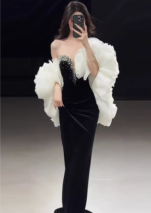 Gorgeous Strapless Black Velvet Beaded Mermaid Long Prom Dress Birthday Party Dress
