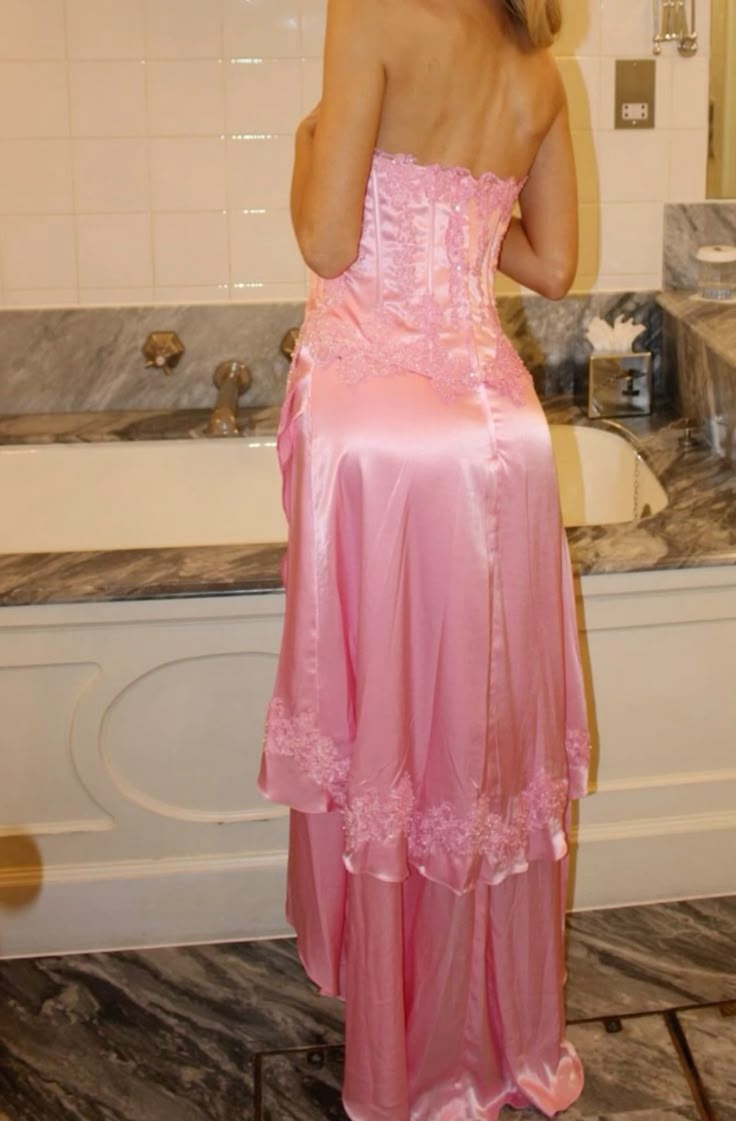 Classy Pink Strapless Satin Appliques Evening Dress Formal Prom Gown