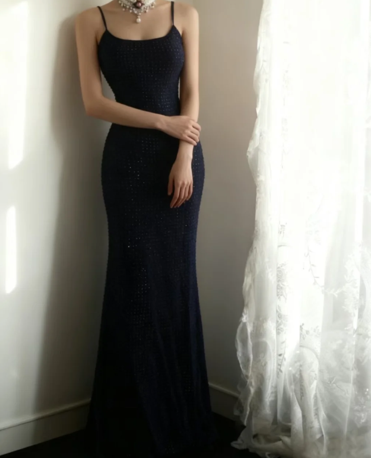 Classy Spaghetti Straps Navy Blue Beaded Mermaid Long Evening Dress Formal Wedding Guest Dress