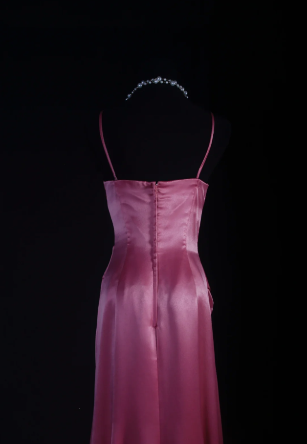 Elegant Pink Satin Pleated Mermaid Long Wedding Guest Dress Formal Party Dress