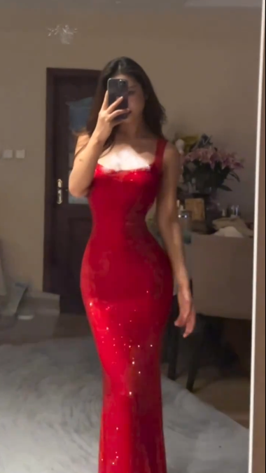 Shiny Red Spaghetti Straps Satin Sequin Mermaid Evening Dress Long Wedding Guest Dress