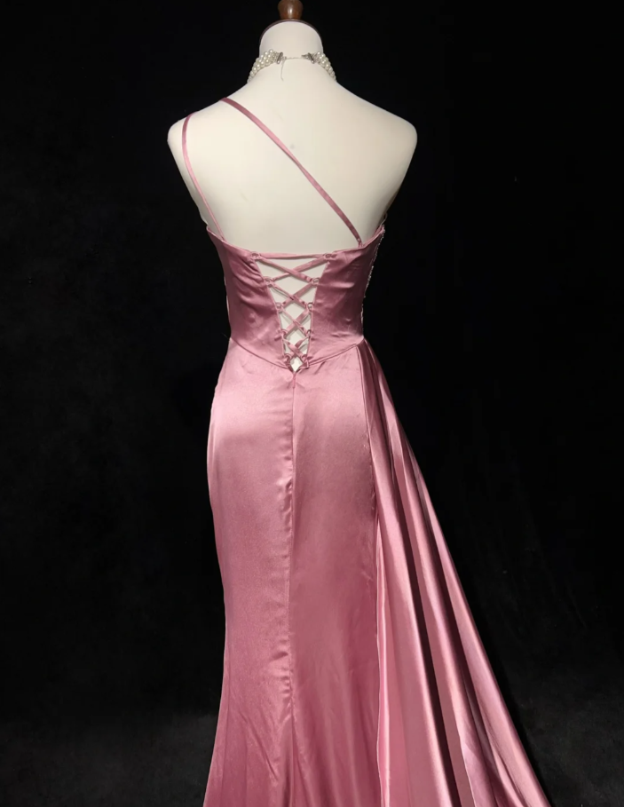 Chic One Shoulder Satin Sequin Beaded Mermaid Long Evening Dress Formal Pink Wedding Guest Dress