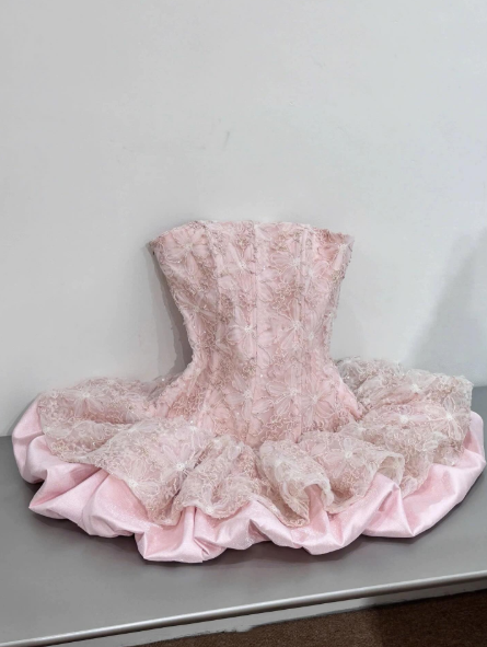 Cute Pink Strapless Lace Satin A Line Short Homecoming Dress 21st Birthday Party Dress