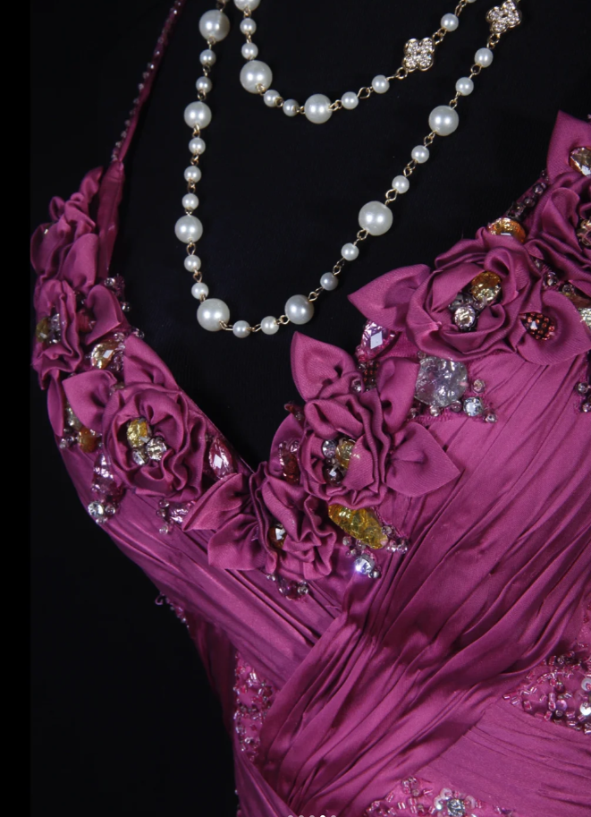 Glamorous Spaghetti Straps Satin Floral Beaded Mermaid Long Birthday Prom Dress Evening Dress
