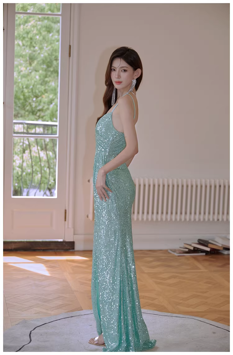 Sparkly Spaghetti Straps Mint Green Sequin Mermaid High Slit Long Prom Dress Evening Dress