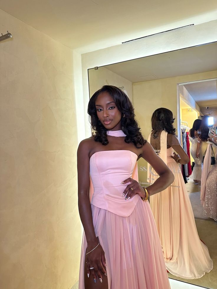 Classy Satin Chiffon Pink Strapless Slit Mermaid Prom Dress Formal Wedding Guest Dress With Ribbon