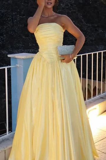 Fashion Strapless Yellow Satin Pleated A Line Long Wedding Guest Dress Evening Dress